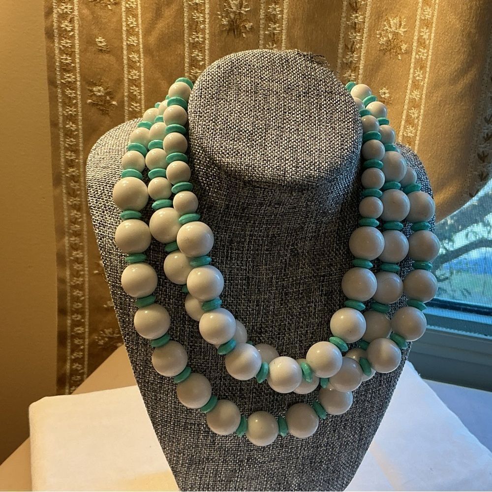 Three Strand White and Turquoise Beaded Necklace
